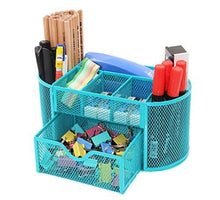 Load image into Gallery viewer, PAG Office Supplies Mesh Desk Organizer Pencil Holder Pen Cup Accessories Storage Caddy with Drawer for Women and Girls, 9 Compartments, Blue
