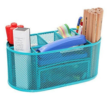 Load image into Gallery viewer, PAG Office Supplies Mesh Desk Organizer Pencil Holder Pen Cup Accessories Storage Caddy with Drawer for Women and Girls, 9 Compartments, Blue
