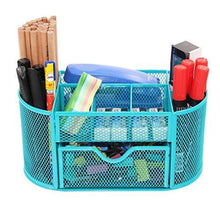 Load image into Gallery viewer, PAG Office Supplies Mesh Desk Organizer Pencil Holder Pen Cup Accessories Storage Caddy with Drawer for Women and Girls, 9 Compartments, Blue
