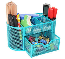 Load image into Gallery viewer, PAG Office Supplies Mesh Desk Organizer Pencil Holder Pen Cup Accessories Storage Caddy with Drawer for Women and Girls, 9 Compartments, Blue
