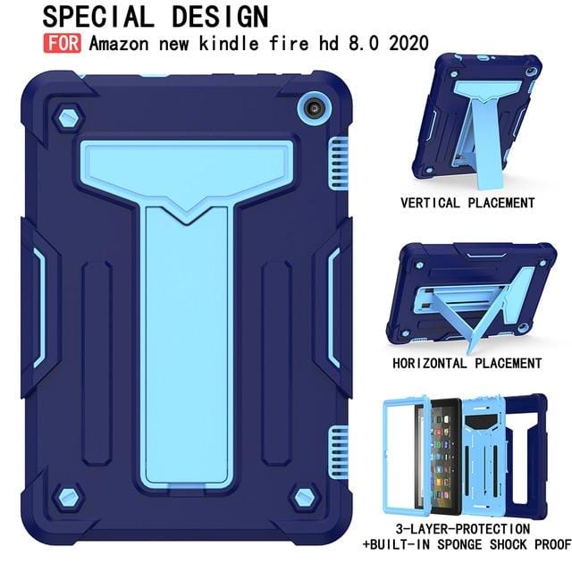 Full Protective Tablet Case for Amazon Kindle Fire HD 8 / HD8 Plus 2020 Kids Safe Heavy Shockproof Silicone Cover Kickstand Case